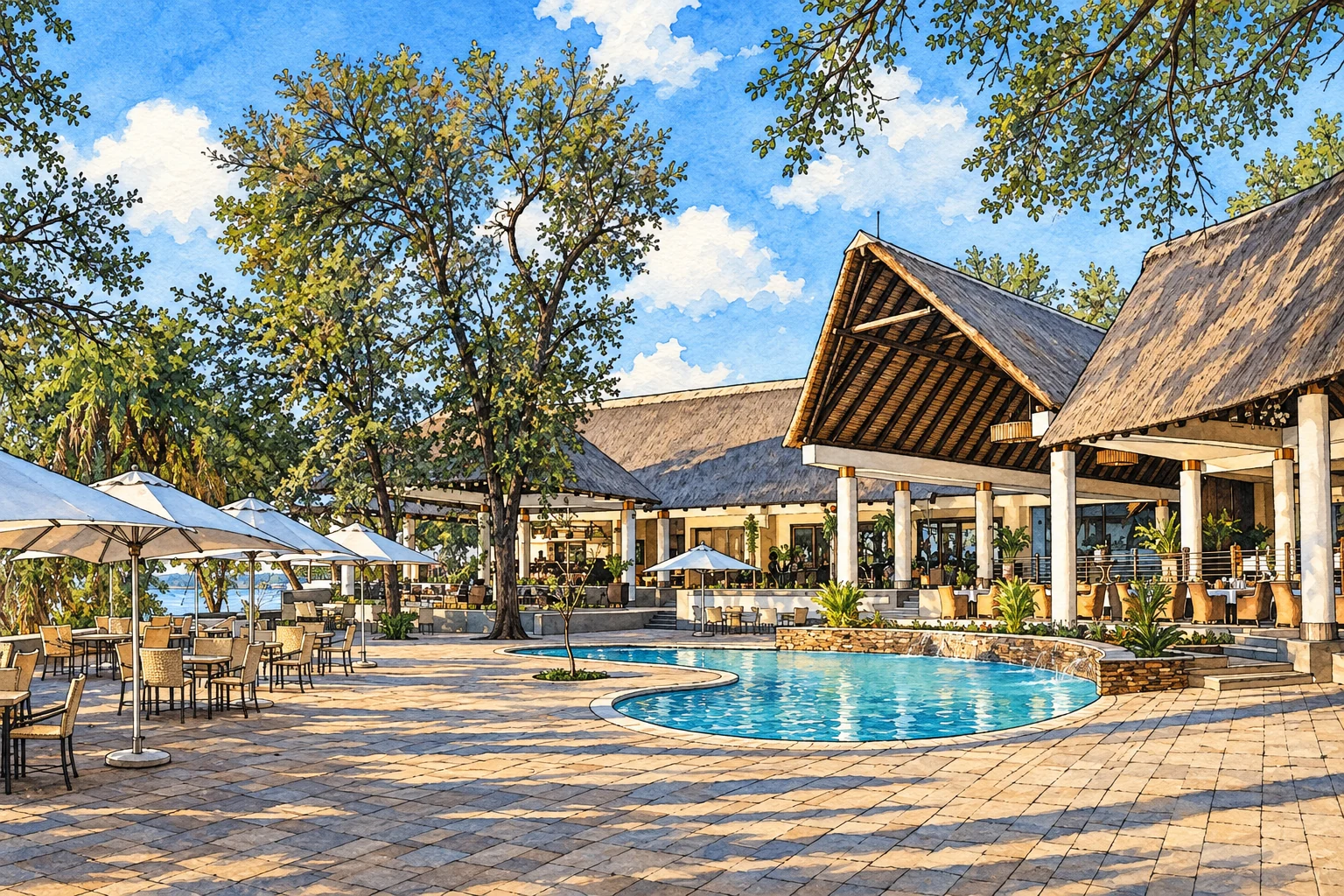 Illustration of the pool and thatched buildings at The Chobe Safari Lodge in Kasane