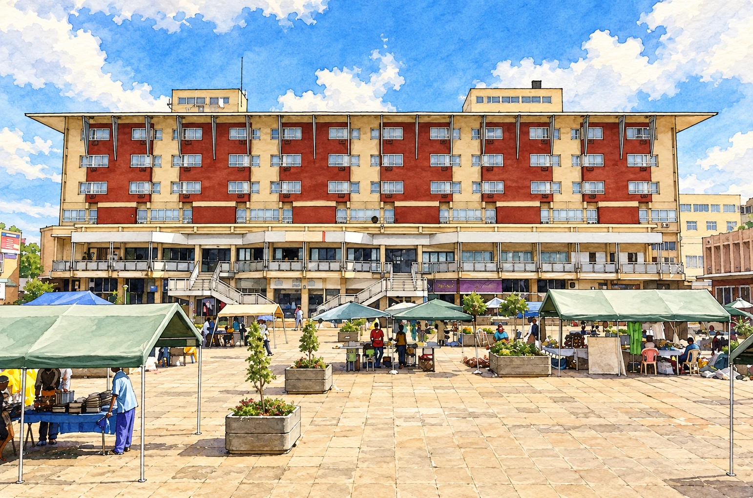Illustration of the Cresta President Hotel facade at Main Mall in Gaborone