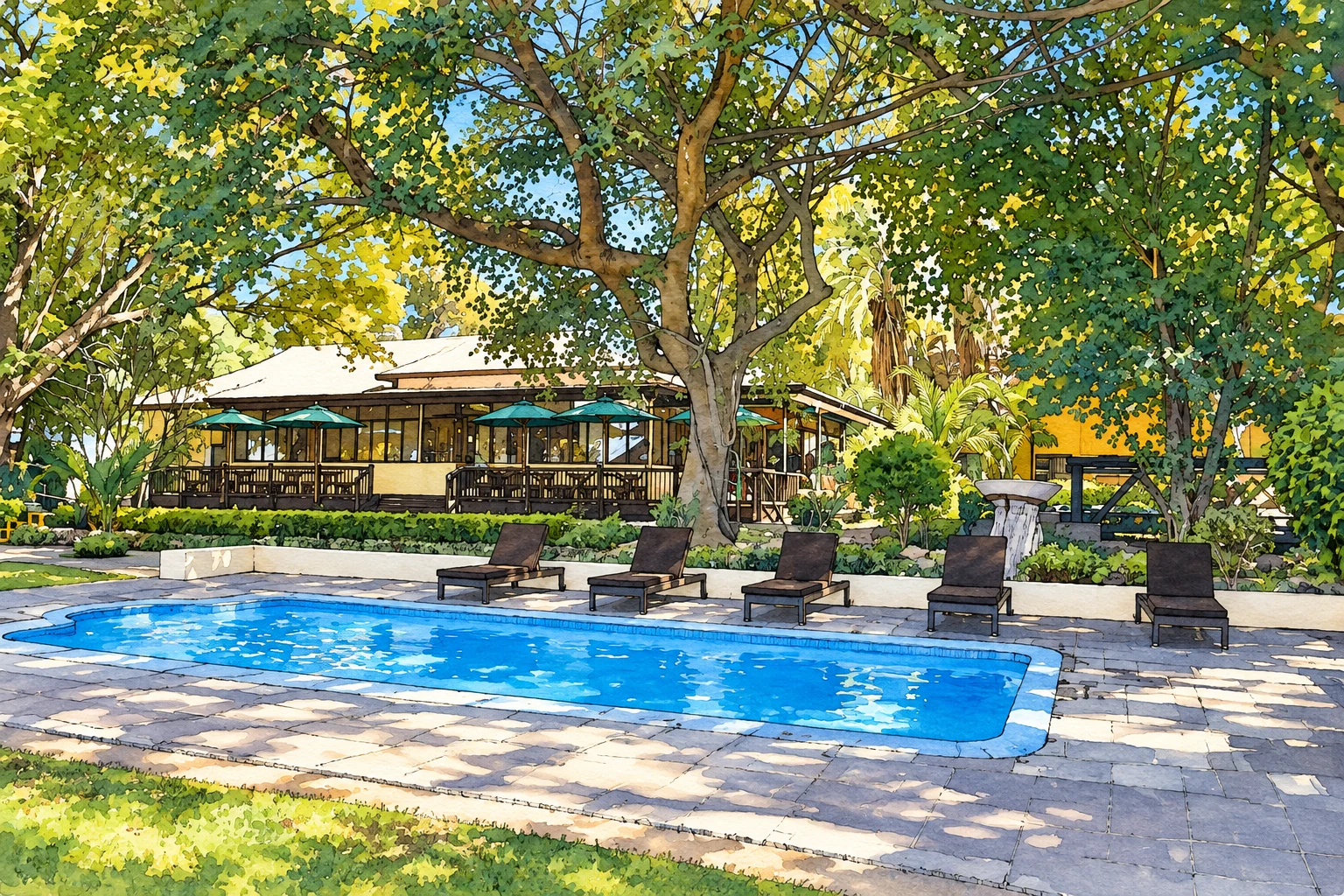 Illustration of the pool and garden at Cresta Riley’s Hotel in Maun