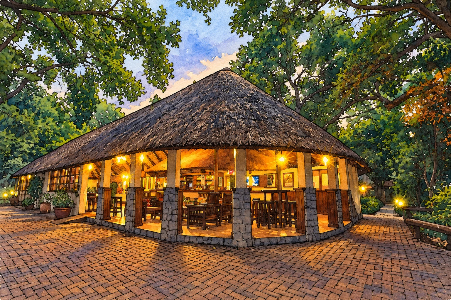 Illustration of the thatched dining building at Island Safari Lodge in Maun