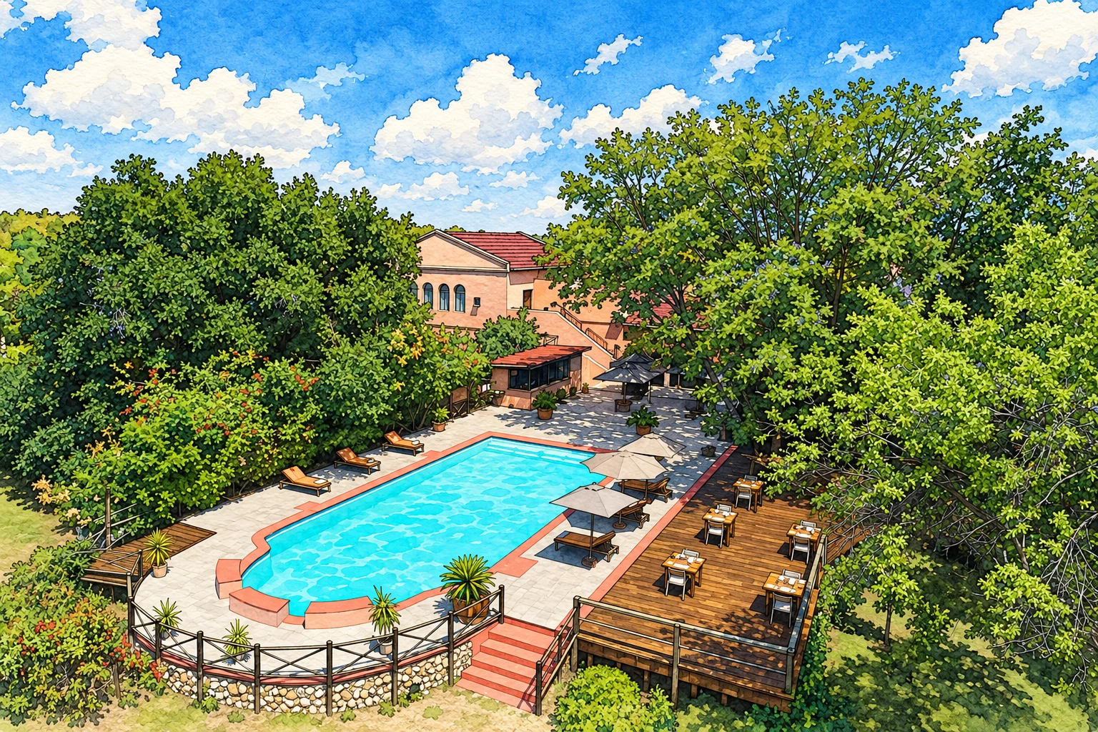 Illustration of the pool and garden at Sedia Hotel in Maun